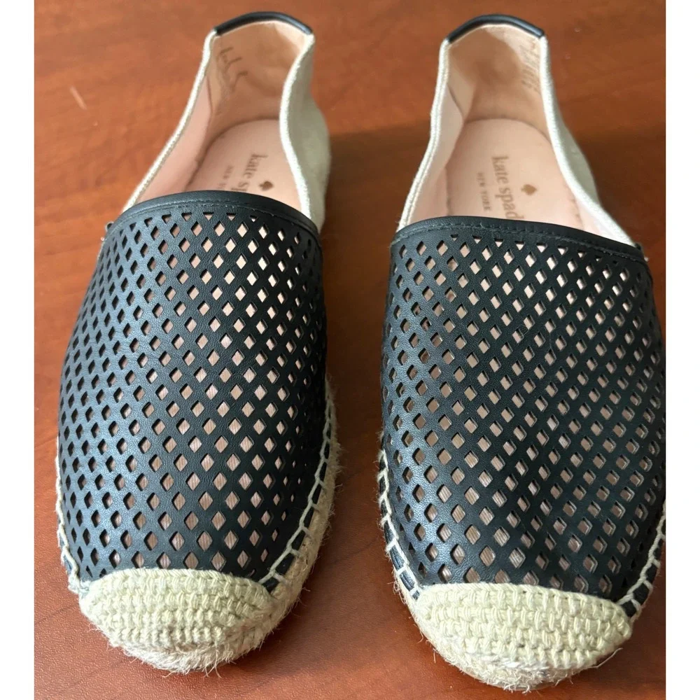 Kate Spade Greer Black Perforated Leather Espadrille Flats Shoes Womens 7.5B